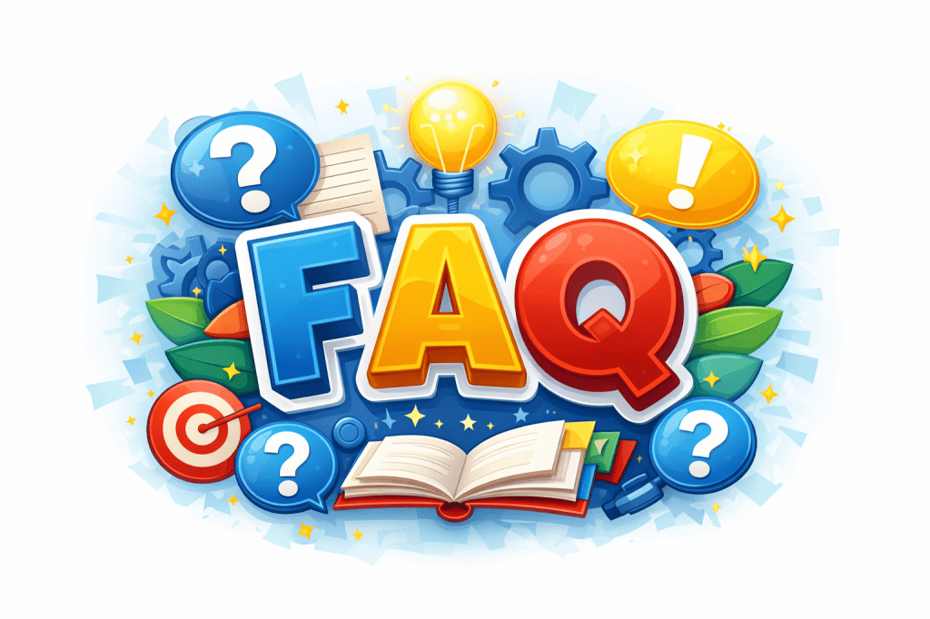 Letters FAQ with question marks, light bulb, book, magnifying glass, and target icons.