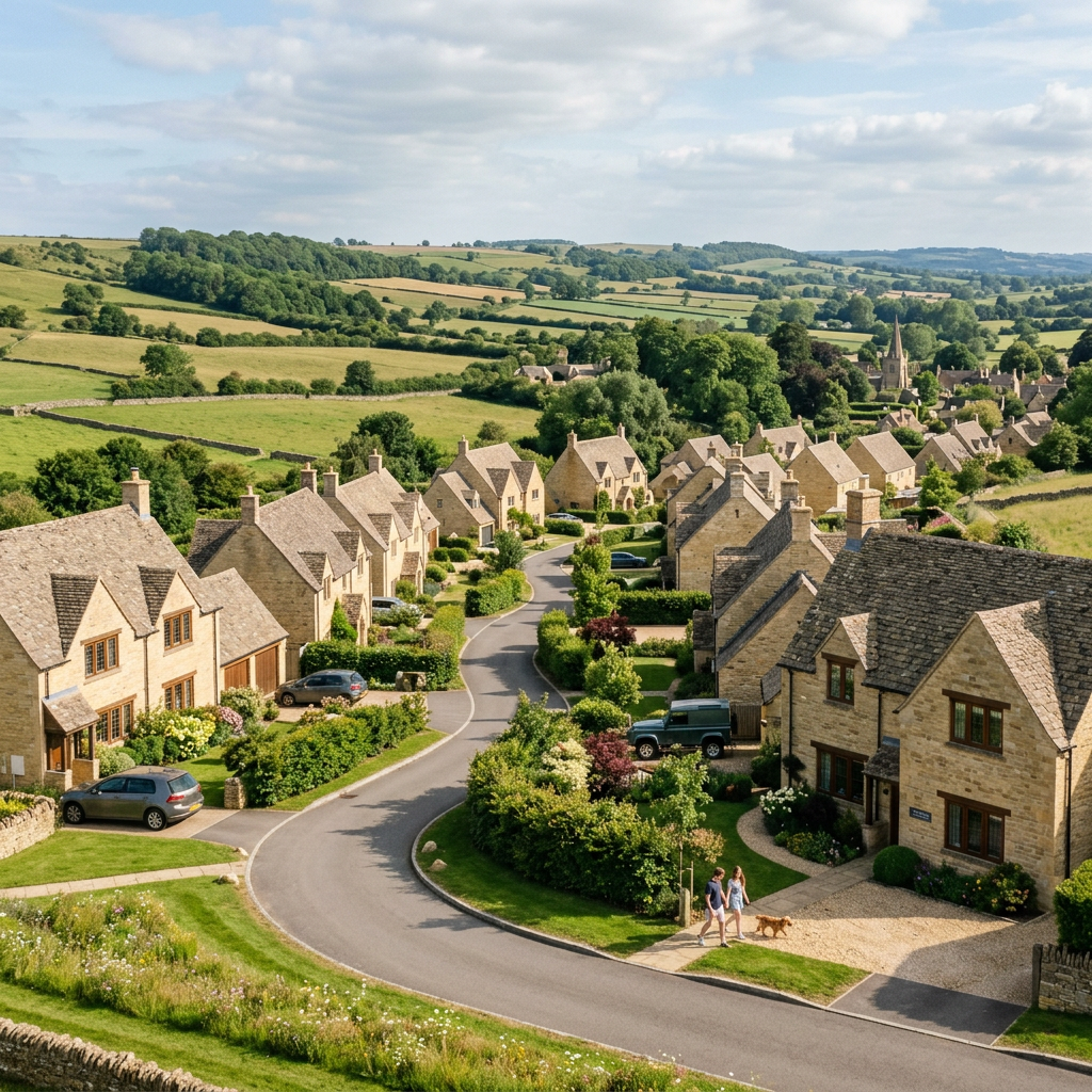 Winding road through village with stone houses and green fields