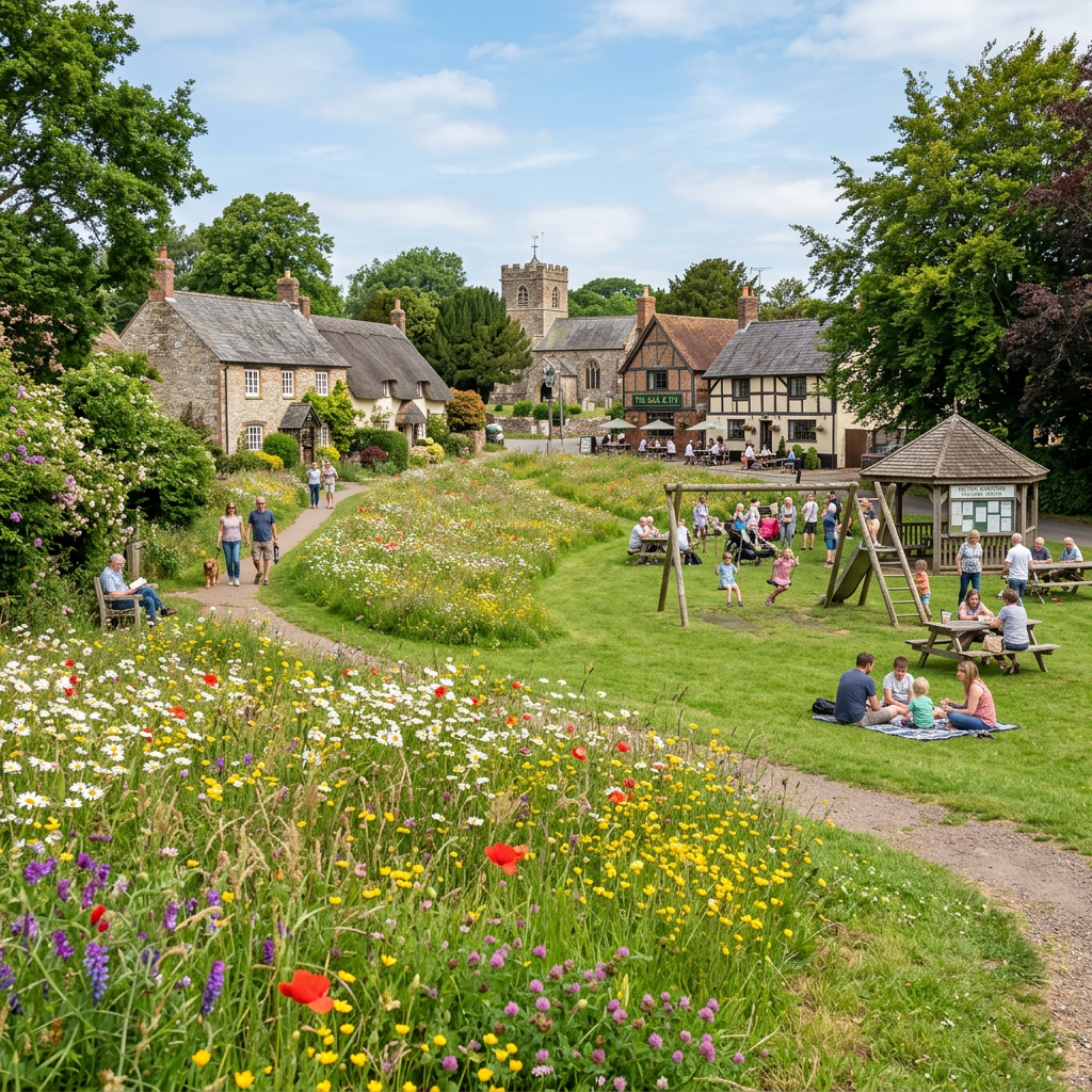 Village green with wildflowers and community areas