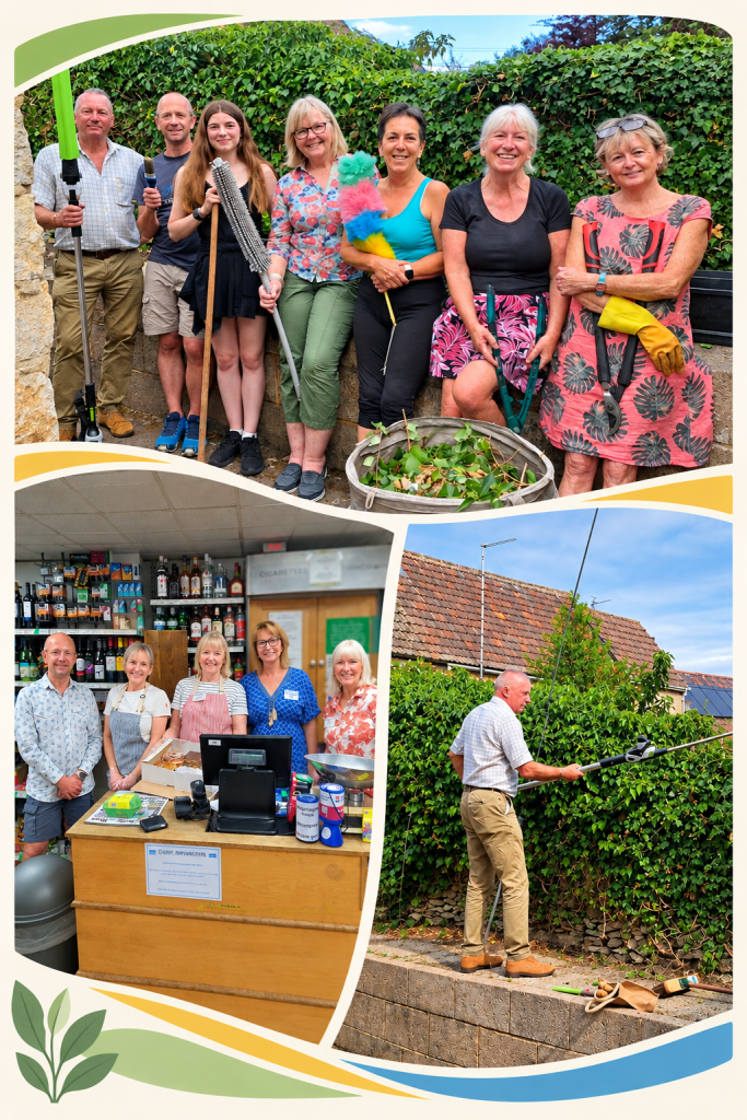 Collage of three photographs showing volunteers working in and outside the shop