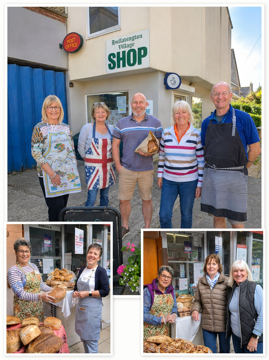 Collage of three photographs showing volunteers working in the shop